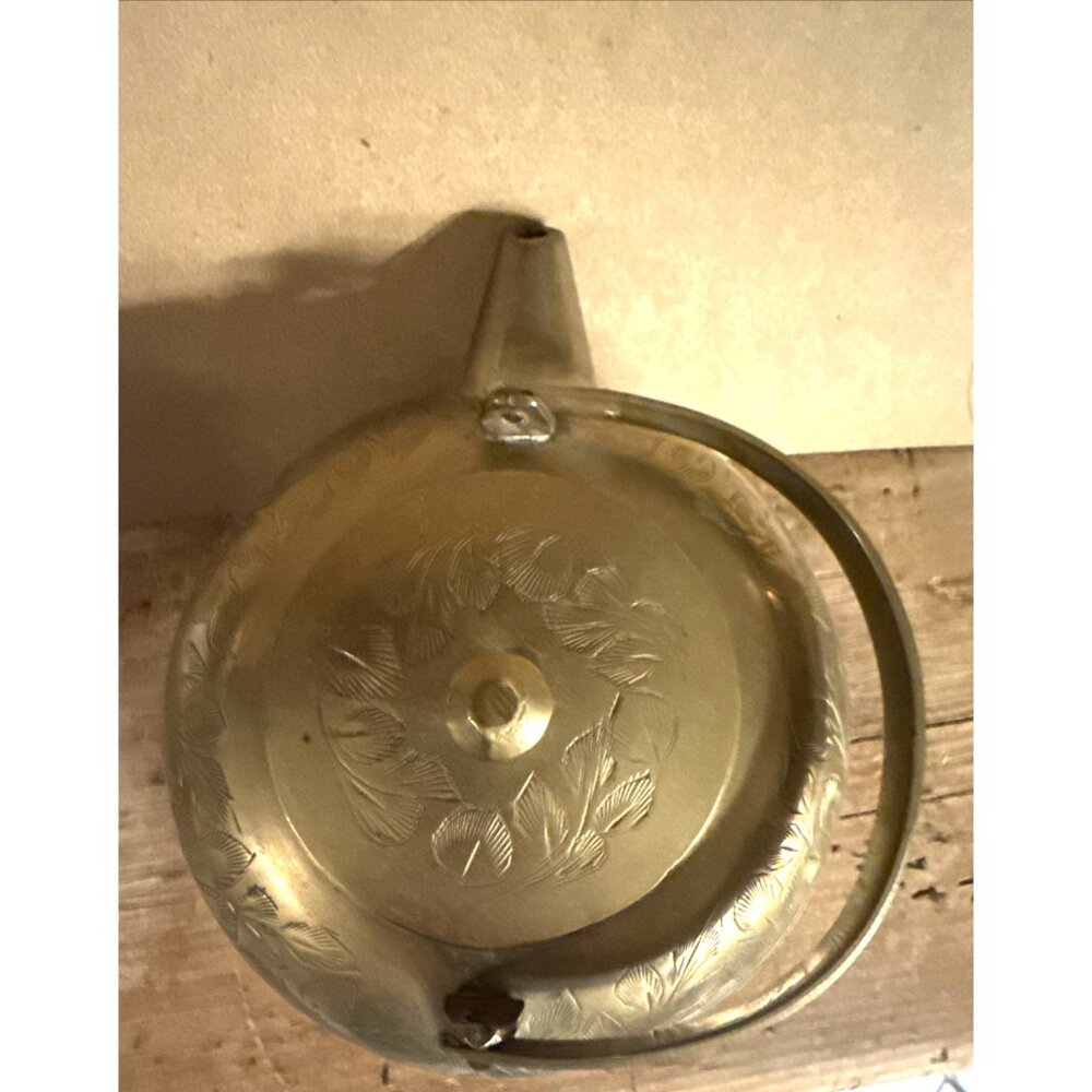 Vintage Small Etched Brass Teapot India 3" Brass Floral Decor Bronze Handle - Picture 5 of 11
